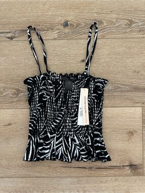 Black & White Linen Boho Smocked Top NWT